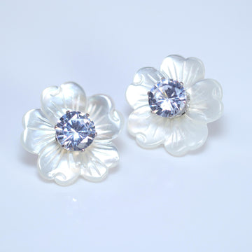 CZ Diamond With Mother Of Pearl Carved White Flower Earrings, Bridal Jewelry Bridal Peach flower Stud Earrings Pearl Stud Statement Earrings